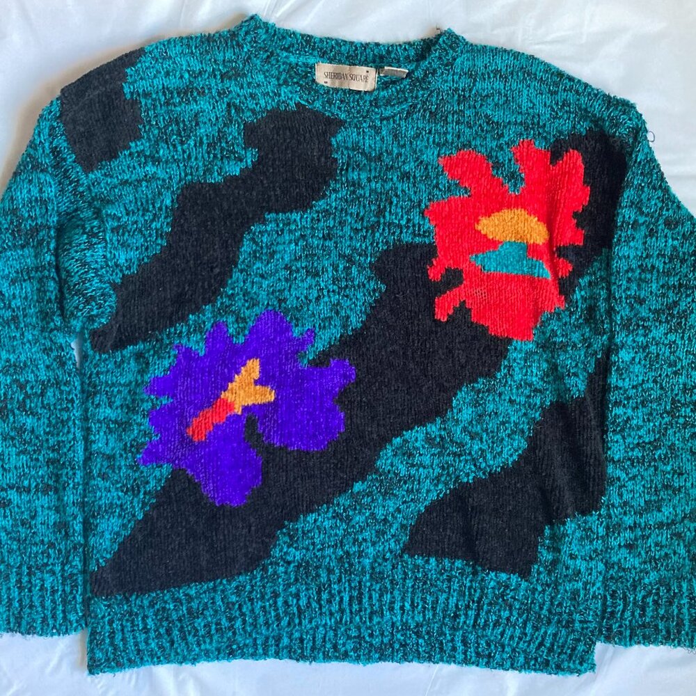 SHERIDAN SQUARE Multi-Color Flowers Acrylic Sweater - Probably Vintage - Size L